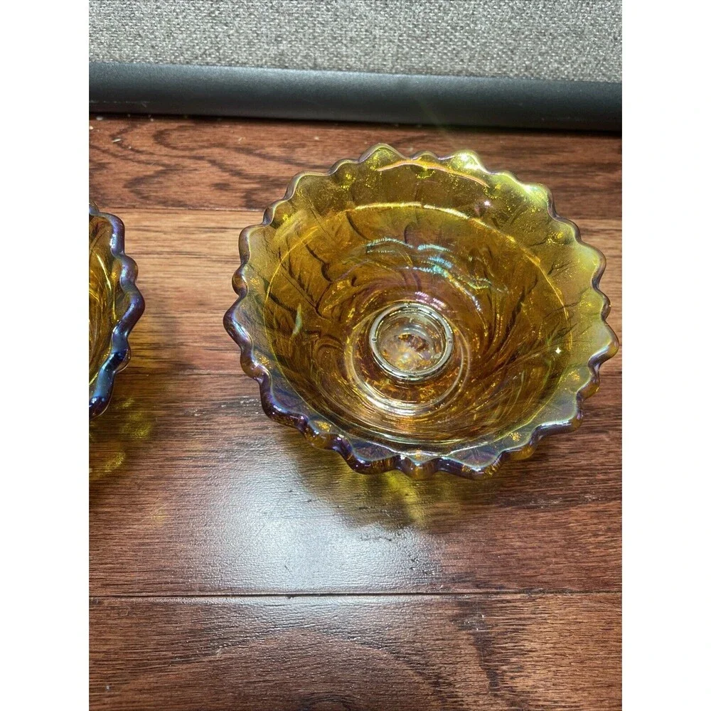 Amber Carnival Glass Taper Candle Holder Bowl 2.5 X 4.5 Vintage Glass Set